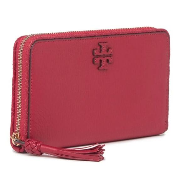 TORY BURCH | Women's Taylor Pebbled Leather Zip Around Continental Wallet Red - Picture 1 of 7